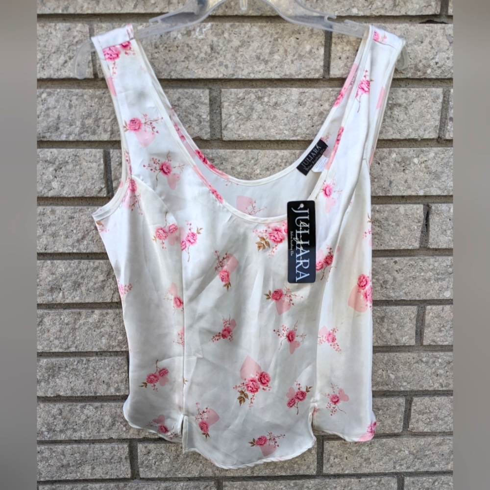 NWT Vintage Juliara Liquid Satin White Lingerie Pink Floral Roses Large Camisole
